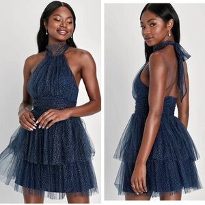 NWT Lulus Sweet Magic Navy Blue Glitter Tiered Tulle Halter Mini Dress, Medium